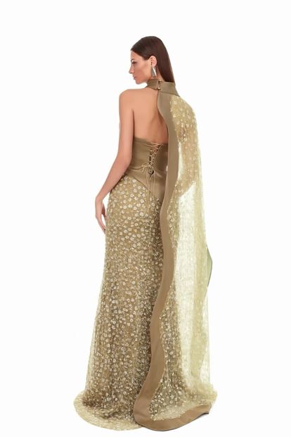 Vizon Tül Pelerin ve Taş İşlemeli Abiye Elbise